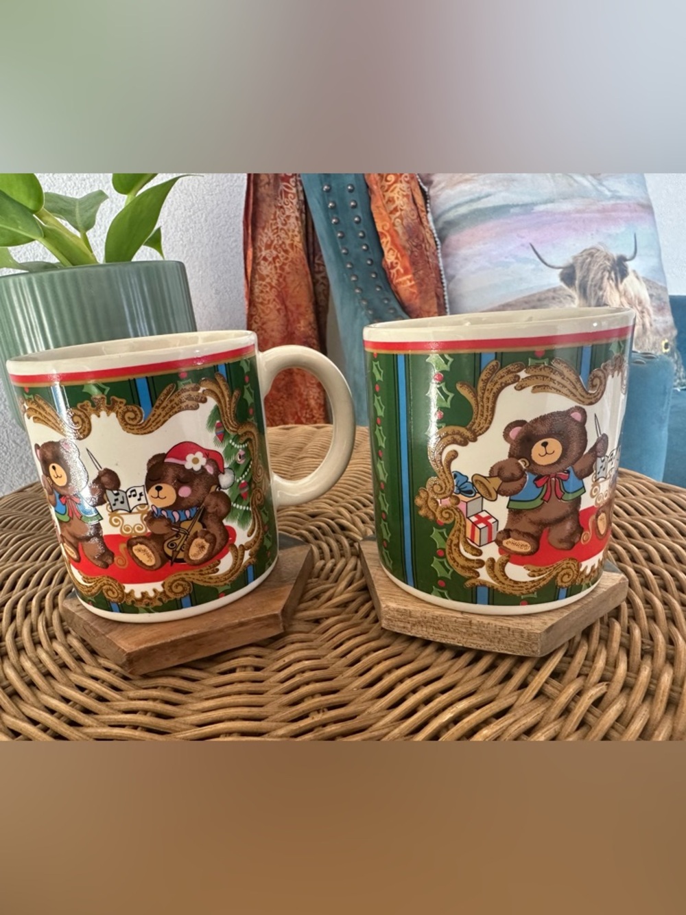 Christmas Teddy Bear Coffee Mugs Set of 2 Japan Vintage Kobe Style